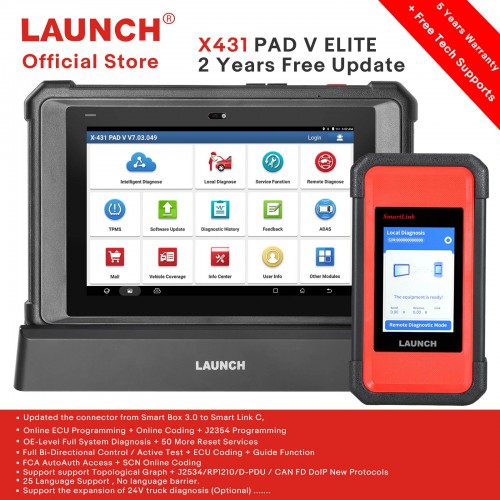 Launch X431 PAD V Elite Full System Diagnosis/ ECU Coding/ ECU programming/Topology Mapping/ FCA Autoauth 50 Special Functions EU Version