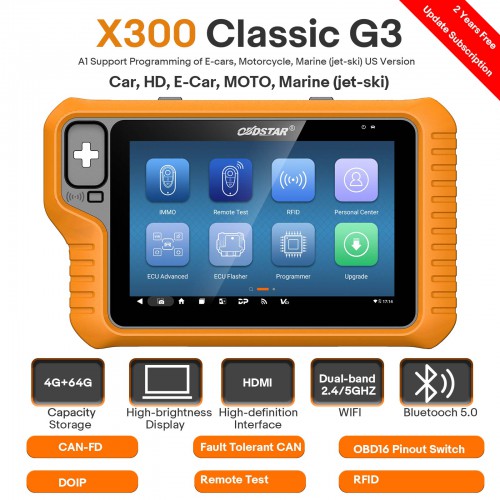 OBDSTAR X300 Classic G3 Key Programmer for Car/ HD/ E-Car/ Motorcycles/ Jet Ski Get Free Key SIM & Motorcycle Cables 2-Years Free Update