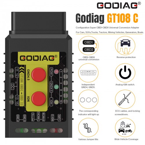 GODIAG GT108 C Configuration Super OBDI-OBDII Universal Conversion Adapter for Cars, SUVs,Trucks, Tractors, Mining Vehicles, Generators, Boats, Motorc