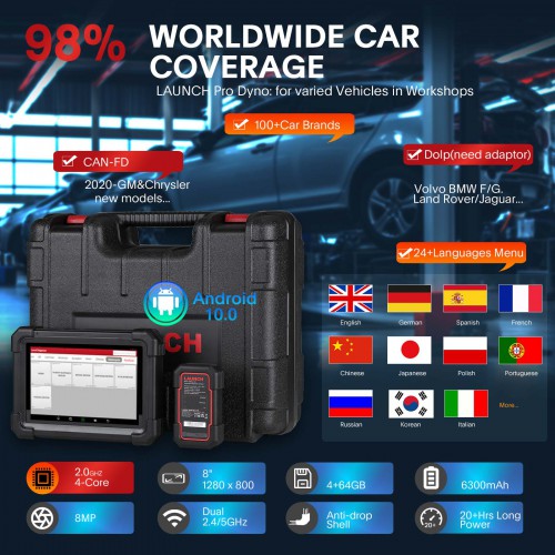 Launch X431 PRO DYNO Bidirectional Diagnostic Scanner Supports CAN FD DoIP ECU Coding, FCA and 37 Special Functions EU Version