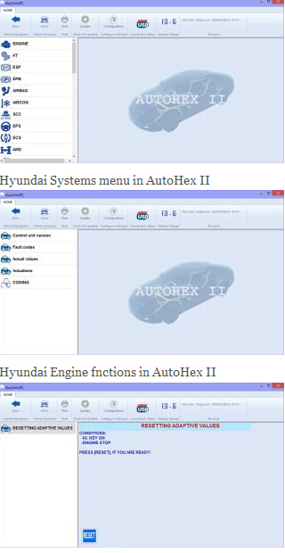 AUTOHEX II Bluetooth Scan Tool for Hyundai and Kia Software Display