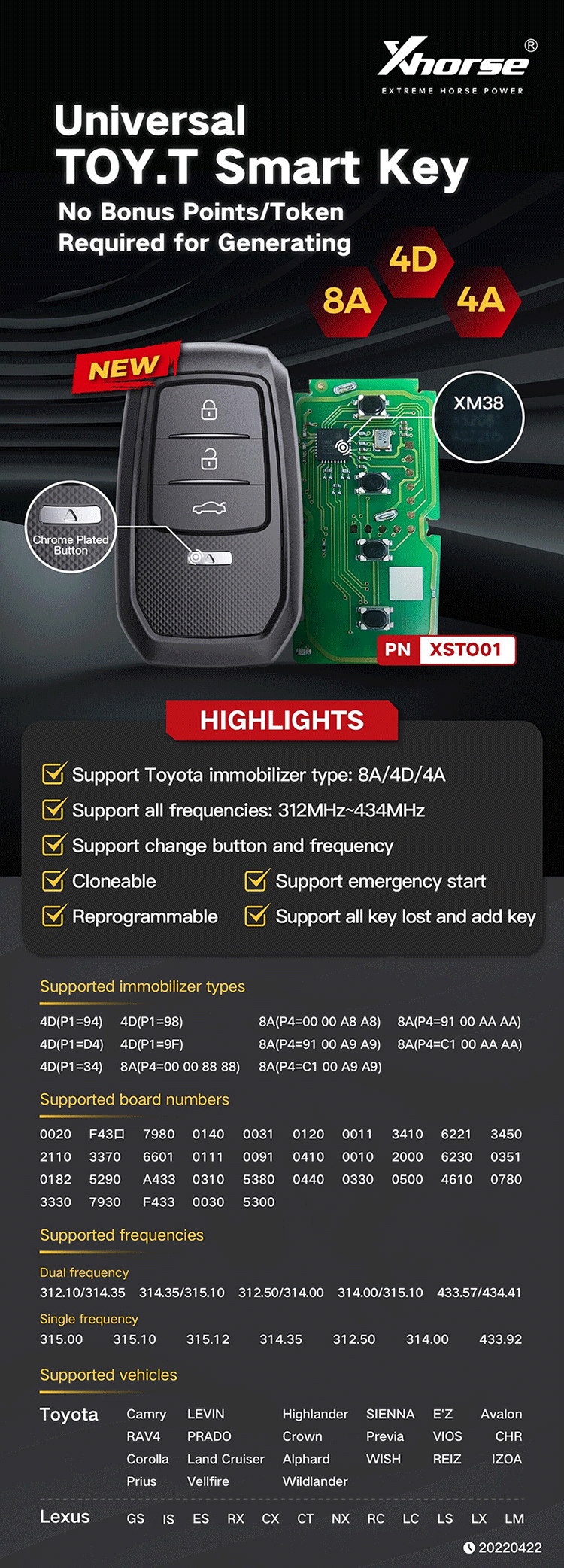  Xhorse XSTO01EN Toyota XM38 Smart Key Supports List